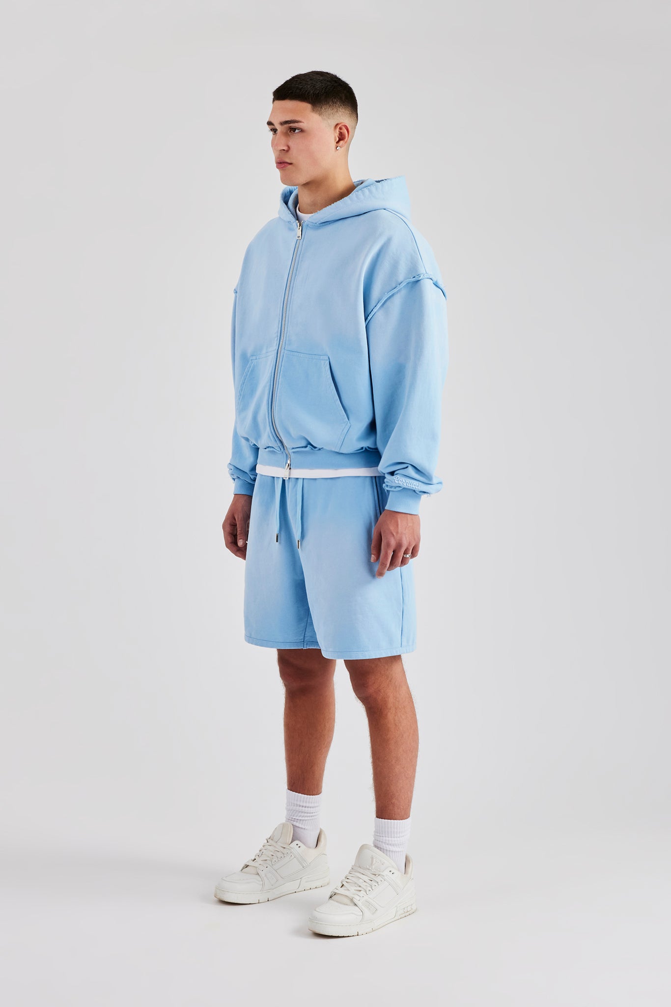 Boxy Washed Raw Edge Zip Through Hoodie & Jort - Hellblau